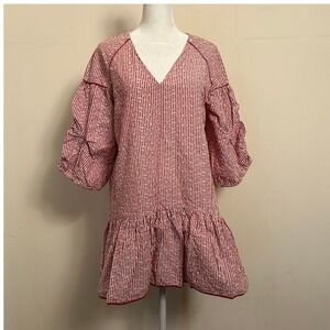Zara Basic Dress Red White Striped Eyelet Puff Sleeve Size S